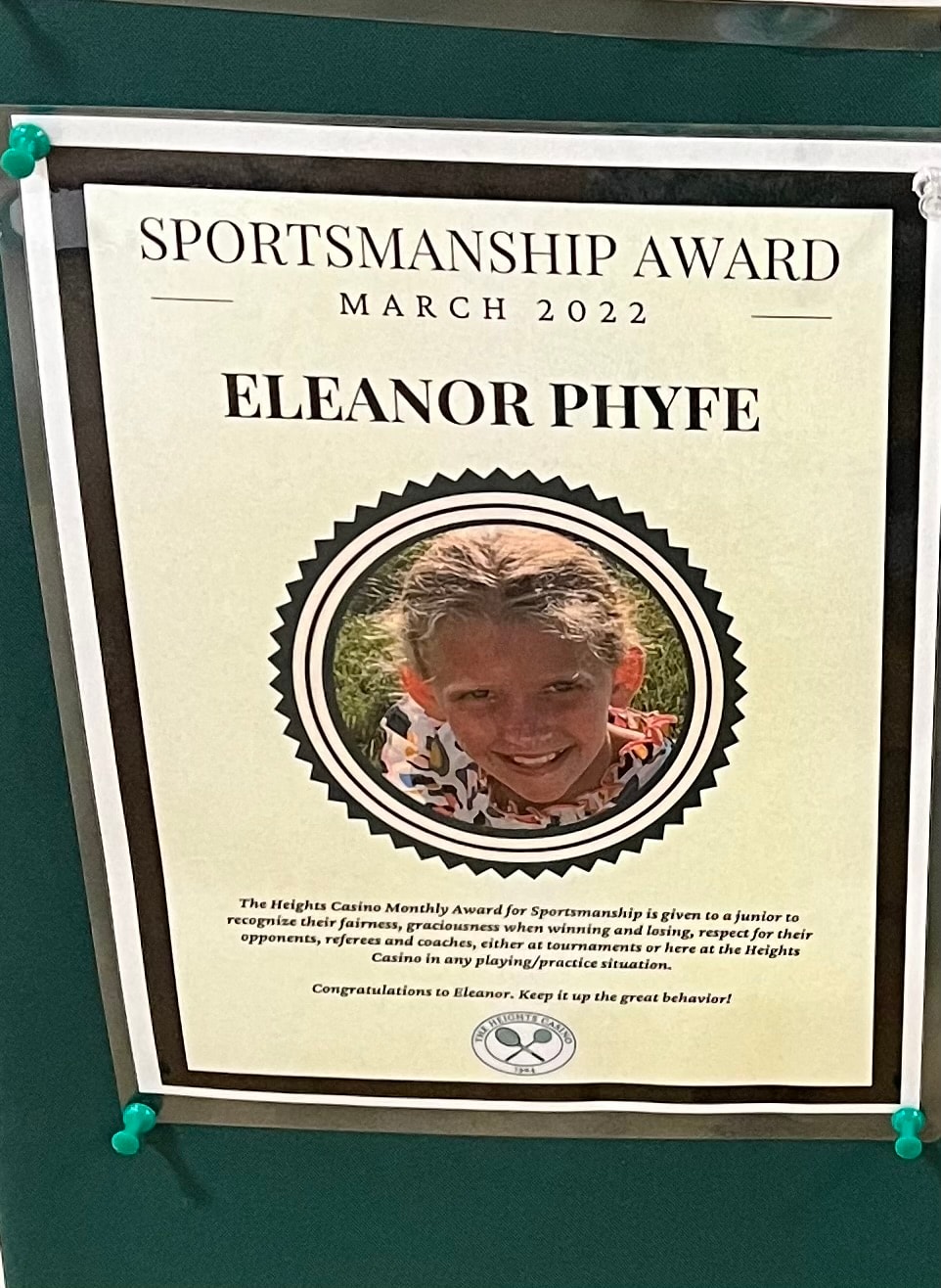 Sportsmanship Award — Eleanor Phyfe, March 2022